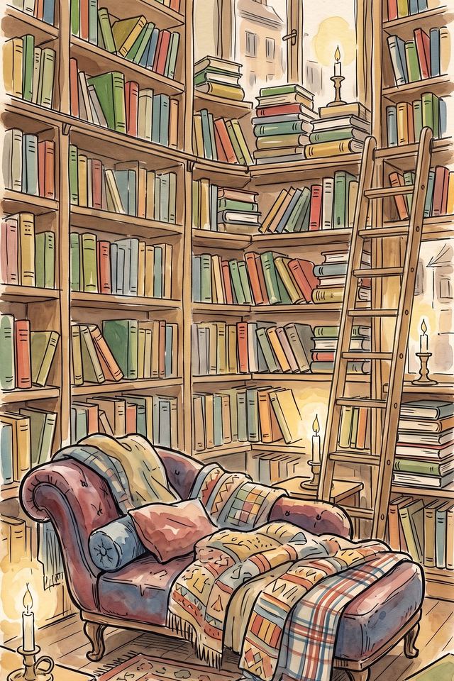A bookshop loft: shelves to the ceiling, a ladder on rails and a chaise longue under a tall window.