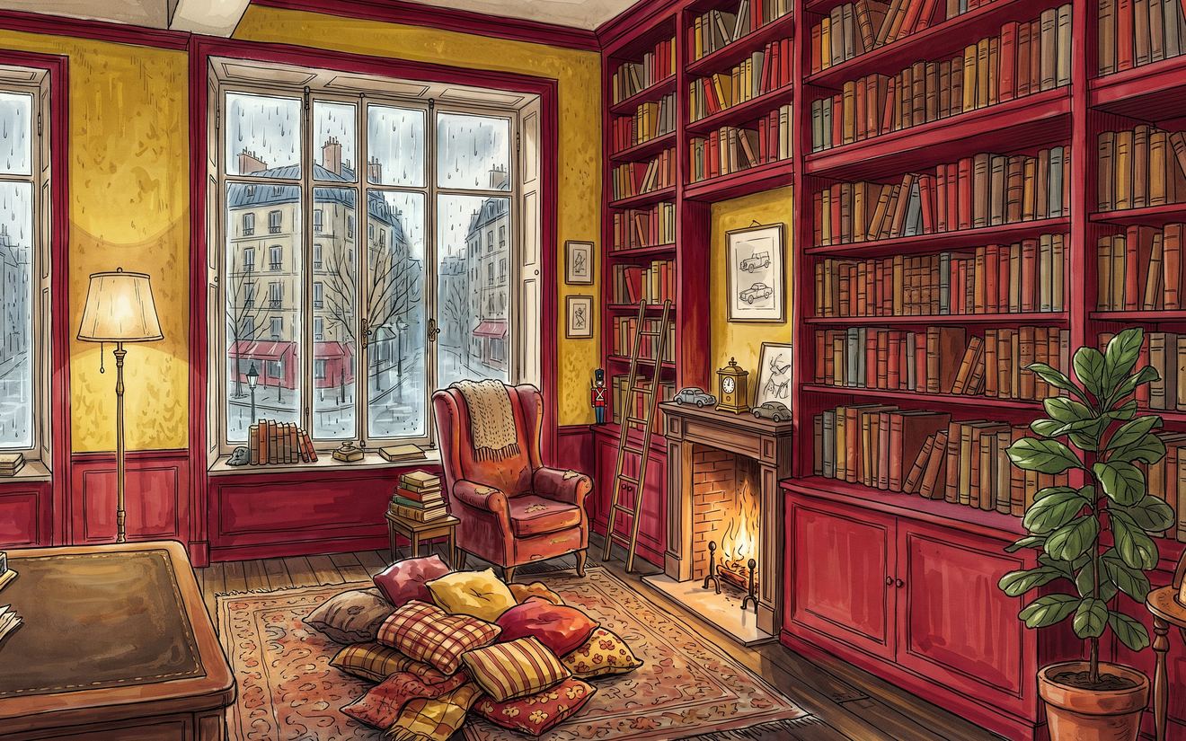 The Crimson Library in Vienna, as a wide painting: red bookshelves, a fire, a wing chair and rain on the window.