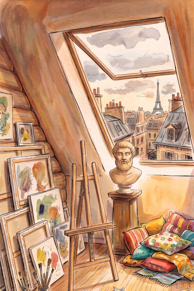 A Paris attic studio: an open skylight over zinc rooftops, canvases stacked against the wall, an easel and paint tubes.