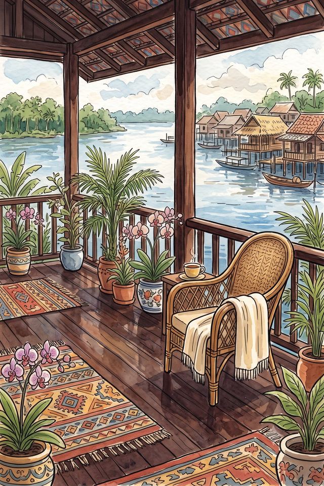 A stilt house over the water: the room open on one side to a busy river.