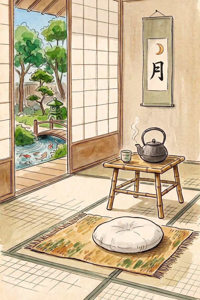 A Japanese tea room: shoji screens open onto a moss garden and koi pond, a low table with an iron teapot.